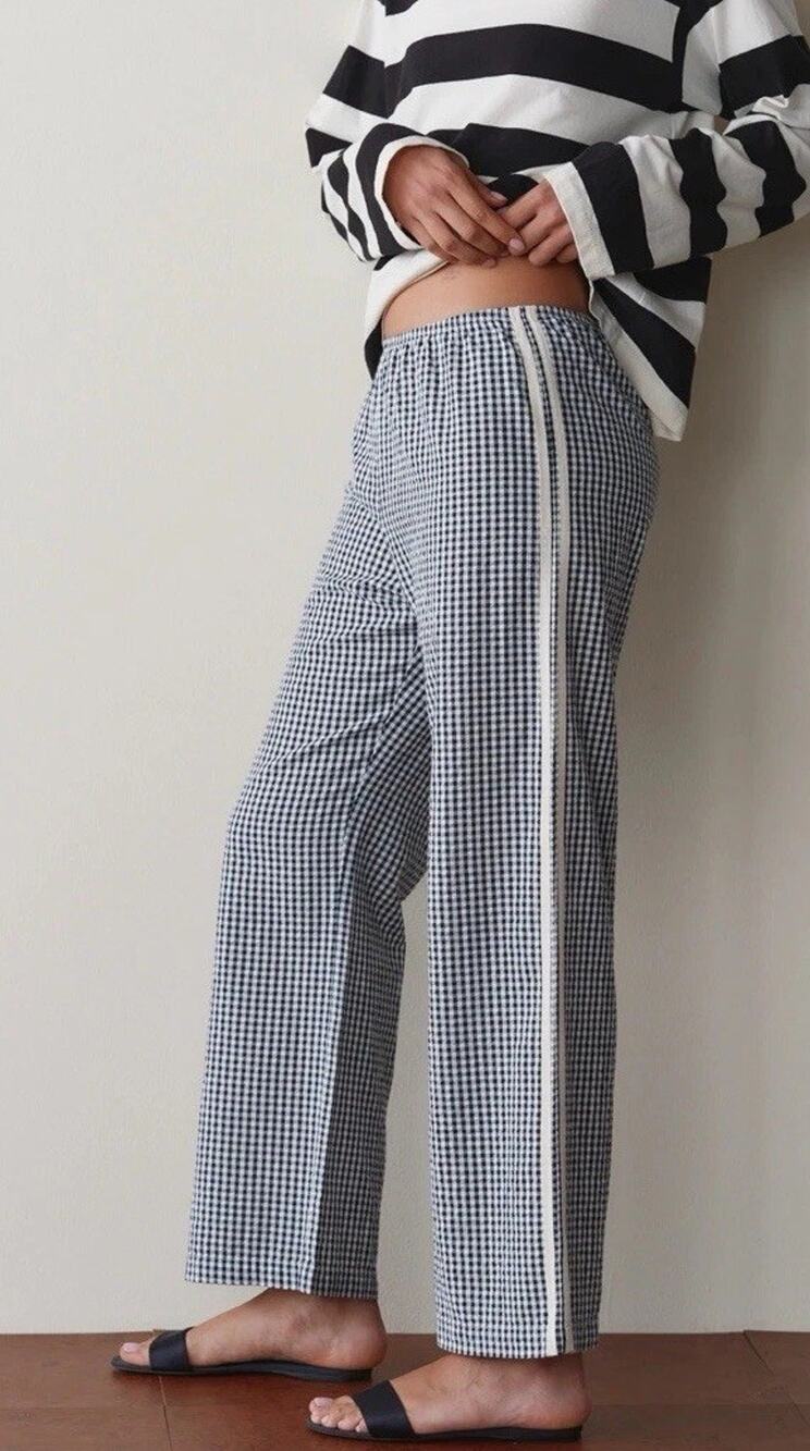 DONNI The Cotton Gingham Stripe Crop Pants Navy XXS